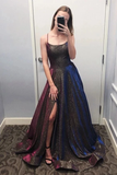 Promfast Sparkly Scoop Spaghetti Straps Slit Prom Dresses, Unique Party Dresses with Pockets HZ0527