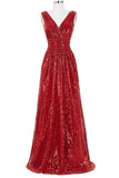 Red Sparkly V-neck Long A-line Backless Cheap Plus Size Prom Dresses HZ0527