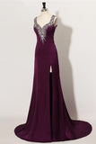 Sweep Train Plum Beaded Long Front Split Mermaid Prom Dresses For Teens HZ0527