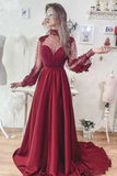 Promfast A-Line Burgundy High Neck Long Sleeve Open Back Prom Dress HZ0527
