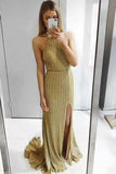 Sexy Sheath Halter Backless Sweep Train Gold Prom Party Dress with Split HZ0527