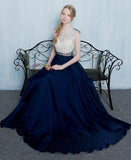 Beautiful Dark Blue Long Beading Zipper Back Prom Dresses HZ0527