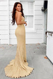 Sexy Sheath Halter Backless Sweep Train Gold Prom Party Dress with Split HZ0527