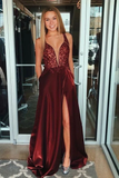 Promfast Unique V-neck Sleeveless Burgundy Split Satin Prom Dress with Appliques Pockets HZ0527