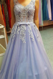 Lavender Lace Up Backless V-neck Lace Beading Tulle Prom Dresses HZ0527