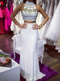 White Halter Beaded Two Pieces Long Mermaid Prom Dresses HZ0527