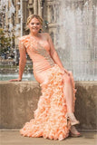 Pink One Shoulder Lace Up Front Split Long Beading Prom Dresses HZ0527