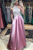 Stunning Beading Pink Halter Backless Prom Dresses With Pockets HZ0527