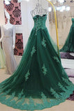 Sweetheart Lace Beading Long Green A-line Modest Prom Dresses HZ0527