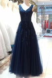 V-neck Navy Blue Lace Tulle Beading Long Backless Prom Dresses HZ0527