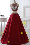 Two Pieces Burgundy Long A-line Satin Beaded Pretty Prom Dresses HZ0527