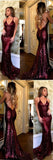Charming Spaghetti Strap V-neck Burgundy Sequins Long Sexy Mermaid Prom Dresses HZ0527