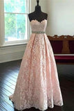 Sweetheart Lace Beading Long A-line Pink Handmade Cheap Prom Dresses HZ0527