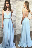 Modest V-neck A-line Sky Blue Chiffon Long Backless Prom Dress HZ0527