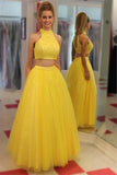 Yellow Two Pieces High Neckline Tulle Cheap Long Prom Dresses HZ0527