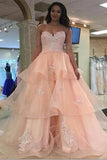 Pink Strapless Backless Lace Organza Long Qunceanera Dresses Prom Dresses HZ0527