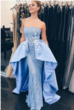 Modest Light Blue Strapless Satin Mermaid Prom Dresses With Lace appliques HZ0527