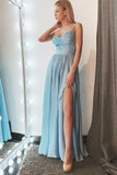 Simple A-Line Spaghetti Straps Blue Chiffon Long Prom Dress with Slit HZ0527