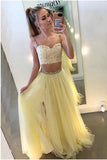 Sexy Two Pieces Yellow Tulle Straps A Line Long Prom Dress With Lace HZ0527