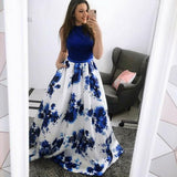 Fashion A-Line Jewel Blue Floral Long Prom Dress with Pockets HZ0527