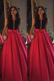 Modest Red Beading Long A-line Satin Prom Dresses Evening Dresses Party Dresses HZ0527