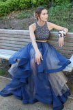 Elegant Two Pieces A-Line Blue Organza Long Prom Dresses With Beads HZ0527