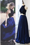 Two Pieces Royal Blue A-line Long Simple Halter Open Back Prom Dresses HZ0527