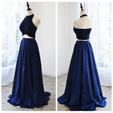 Two Pieces Royal Blue A-line Long Simple Halter Open Back Prom Dresses HZ0527