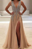 A-line V-neck Tulle Sexy Shinny Rhinestone Long Prom Dress With Slit HZ0527