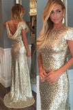 Open Back Handmade Long Mermaid Cap Sleeves Elegant Prom Dresses HZ0527