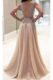 A-line V-neck Tulle Sexy Shinny Rhinestone Long Prom Dress With Slit HZ0527