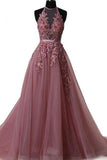 Halter Dusty Red Lace Appliques Tulle A line Long Prom Dresses HZ0527