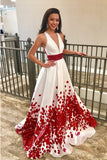 Charming Red Beaded Floral A Line Long Prom Dresses with Deep V-Neck HZ0527