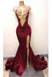 Elegant Burgundy Mermaid Appliques High Neck Split Sexy Prom Dress HZ0527