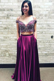 Two Piece Straps Beading Plum Purple Long Prom Dress With Pockets HZ0527