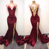 Elegant Burgundy Mermaid Appliques High Neck Split Sexy Prom Dress HZ0527