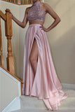 Pink Two Pieces Long Front Split Beading Prom Dresses HZ0527