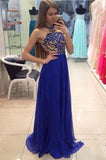 Royal Blue Long Beaded Halter Handmade Chiffon Prom Dresses HZ0527