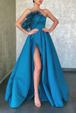 Promfast A Line Blue Floor Length Satin Prom Dresses Formal Evening Dresses HZ0527