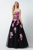 Black Sweetheart Flower Appliques Long A Line Tulle Prom Dresses,Evening Dresses HZ0527