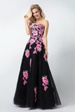 Black Sweetheart Flower Appliques Long A Line Tulle Prom Dresses,Evening Dresses HZ0527