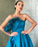 Promfast A Line Blue Floor Length Satin Prom Dresses Formal Evening Dresses HZ0527