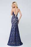 Elegant Mermaid Scoop Sleeveless Blue Lace Long Prom Dresses,Evening Dresses HZ0527