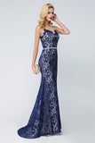 Elegant Mermaid Scoop Sleeveless Blue Lace Long Prom Dresses,Evening Dresses HZ0527
