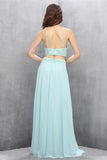 Mint Chiffon Two Pieces Beading Backless Formal Prom Dresses HZ0527
