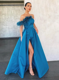 Promfast A Line Blue Floor Length Satin Prom Dresses Formal Evening Dresses HZ0527