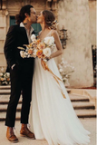 A-Line V-Neck Backless Sweep Train Tulle Sexy Wedding Dress with Pearls HZ0527
