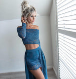 Sexy Dark Teal Two Piece Off the Shoulder Long Sleeves Lace Chiffon Prom Dress HZ0527