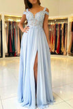 Cheap Light Blue Chiffon Split Long Prom Dresses With Lace Appliques HZ0527