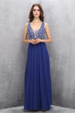 Chiffon Beading Royal Blue V-neck Long Elegant Prom Dresses HZ0527